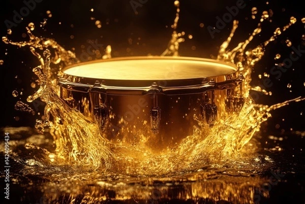 Fototapeta Gold drum with splash of liquid creating dramatic impact