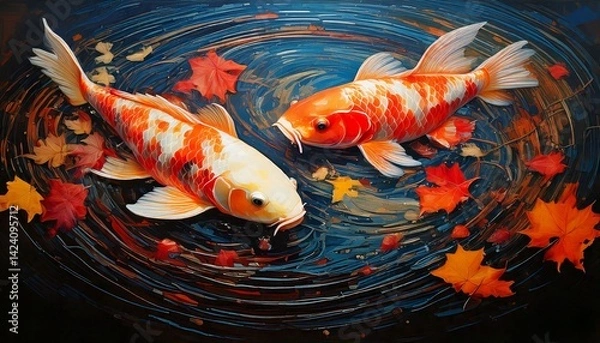 Fototapeta 紅葉の中を泳ぐ鯉のアクリル絵の具風イラスト