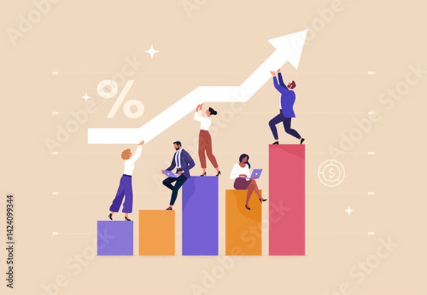 Fototapeta Business Success Concept. Vector cartoon illustration of a group of diverse people in business suits working on improving a financial chart by moving the arrow up. Isolated on background.