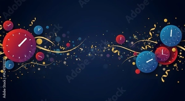 Fototapeta Clocks and Confetti Festive Celebration Background Design