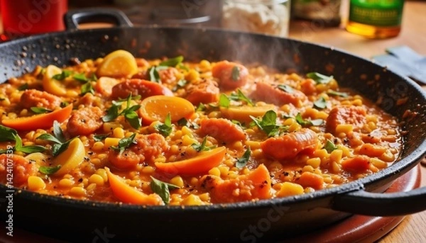 Obraz Delicious Paella Dish With Sausage Corn And Citrus Garnish Close Up View