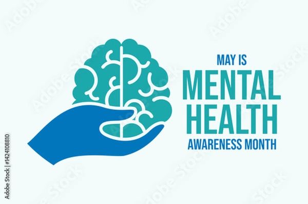 Fototapeta May is Mental Health Awareness Month poster vector illustration. Hand holding brain icon vector. Human brain on hand symbol. Template for background, banner, card. Important day