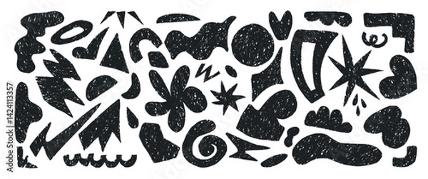 Fototapeta Dynamic and abstract shapes in black create this vector illustration, ideal for modern designs. Hand drawn primitive shapes in charcoal. Black shapes drawn in crayon