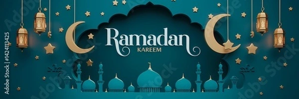 Fototapeta Festive vibrant Ramadan design featuring glowing lanterns crescent moons sparkling stars mosque silhouettes on rich teal background with elegant white Ramadan Kareem typography celebrating holy month