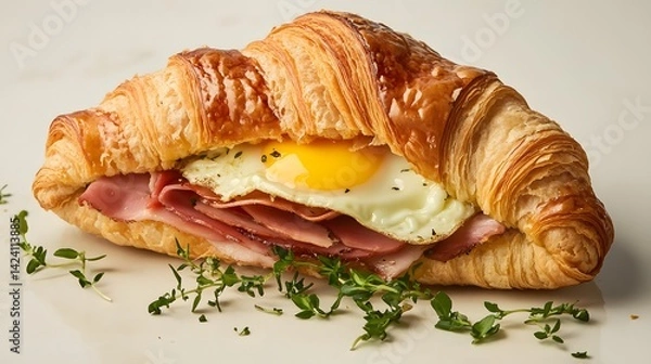 Fototapeta Ham and Egg Croissant: A classic breakfast staple, perfectly prepared and presented, featuring a flaky croissant filled with savory ham and a perfectly cooked egg.