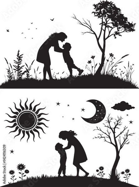 Fototapeta Sun and moon forming a silhouette of a mother hugging her child

