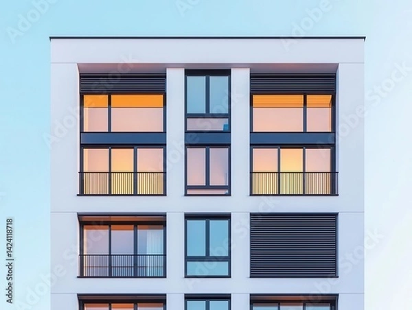 Fototapeta Luxury duplex with stainless steel exterior louvers, openconcept balconies, and a hightech security entrance