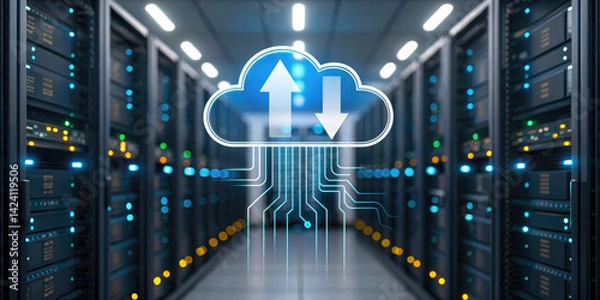 Fototapeta Data Transfer Action in Cloud Computing Environment Exploring Efficient Methods for Cloud Data Management in Modern Server Facilities