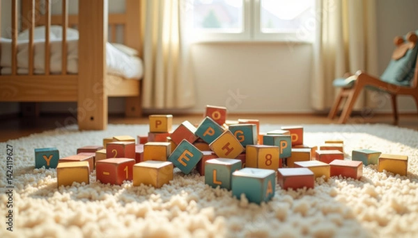Fototapeta Toys block. Alphabet toy blocks scattered on fluffy rug in cozy nursery with soft sunlight from window