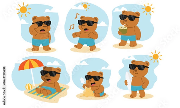 Fototapeta Summer Bear Vector Set, Beach Activities Collection