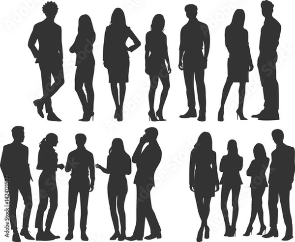 Obraz Set of silhouette of group of business people standing, professional team, businessman and businesswoman teamwork, vector illustration