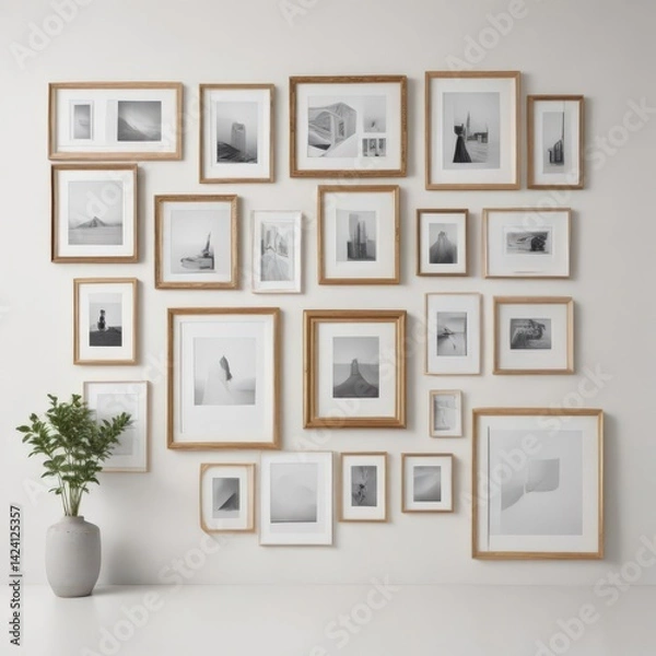 Obraz Stylish gallery wall mockup featuring assorted photo frames of different shapes and dimensions against a pristine white backdrop ,  home decor mockup,  interior