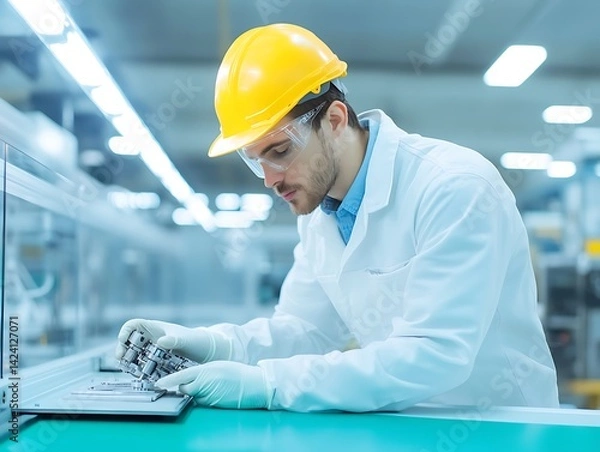 Obraz Focused Engineer in Cleanroom Inspecting Precision Microelectronics Component