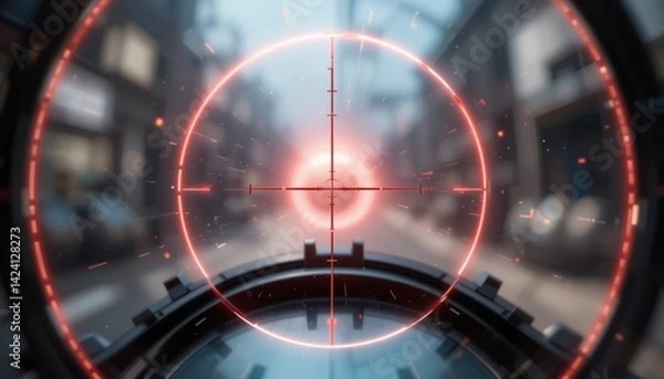Fototapeta Targeting action in urban warfare scenario digital render futuristic environment aerial view high-intensity concept for modern combat visualization