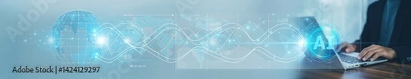 Obraz businessman uses AI technology and his computer to analyze shipment trends and enhance export efficiency for global customers.