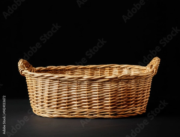 Fototapeta Empty rectangular wicker basket standing on dark background