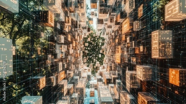 Fototapeta Cubes and wires representing data streams in a nature environment