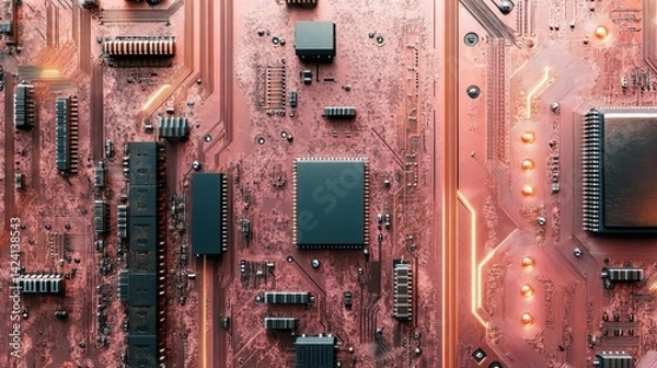 Fototapeta Detailed view of a complex circuit board layout with electronic components
