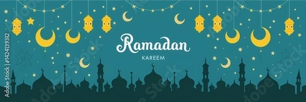 Obraz Festive vibrant Ramadan design featuring glowing lanterns crescent moons sparkling stars mosque silhouettes on rich teal background with elegant white Ramadan Kareem typography celebrating holy month