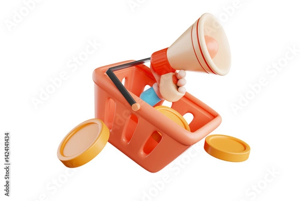 Fototapeta Shopping cart with hand holding megaphone calling in and gold coins floating in the air 3d shopping concept