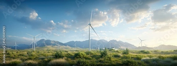 Obraz Renewable Energy Landscape with Wind Turbines and Mountains