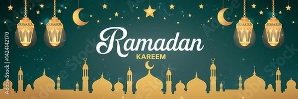 Obraz Festive vibrant Ramadan design featuring glowing lanterns crescent moons sparkling stars mosque silhouettes on rich teal background with elegant white Ramadan Kareem typography celebrating holy month