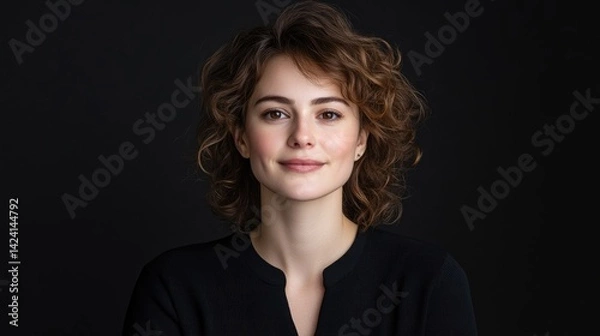 Fototapeta Woman with curly hair Modern portrait style High-resolution studio lighting Close-up frontal view Subtle makeup Confident expression Dark background Neutral mood Ideal for professional profiles