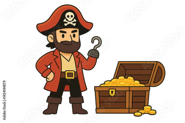 Fototapeta A playful flat vector illustration features a confident cartoon pirate with a hook hand standing beside a treasure chest filled with gold coins