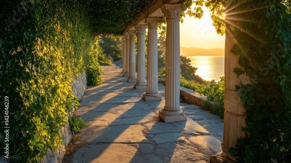 Fototapeta Sun-drenched colonnade path overlooking a serene lake. Lush greenery, classic pillars, and golden light create a tranquil atmosphere
