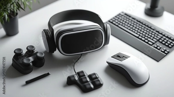Obraz A gaming setup featuring vr headset keyboard mouse and gamepad on a white surface with a plant pot