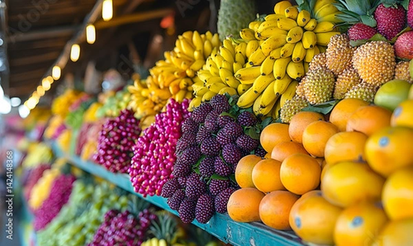 Fototapeta Vibrant fruit market display showcasing a variety of colorful fruits in a bustling outdoor setting