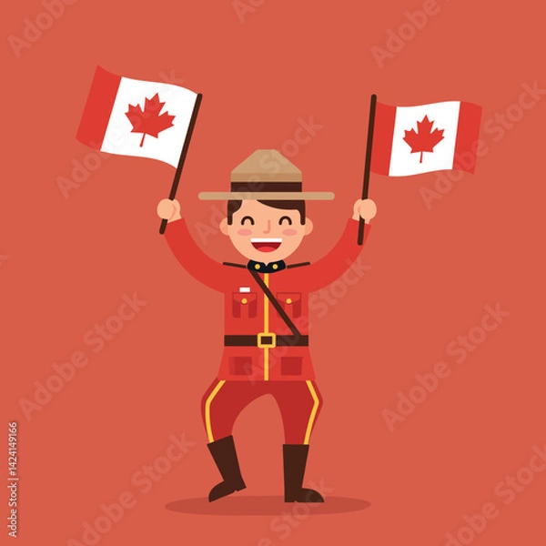 Fototapeta Canadian Mountie Holding Two Canada Flags Vector Illustration in Red Background 