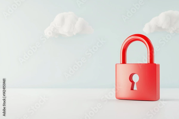 Obraz large red padlock symbolizes security and protection against cyber threats, set against light blue background with fluffy clouds, conveying sense of safety and tranquility