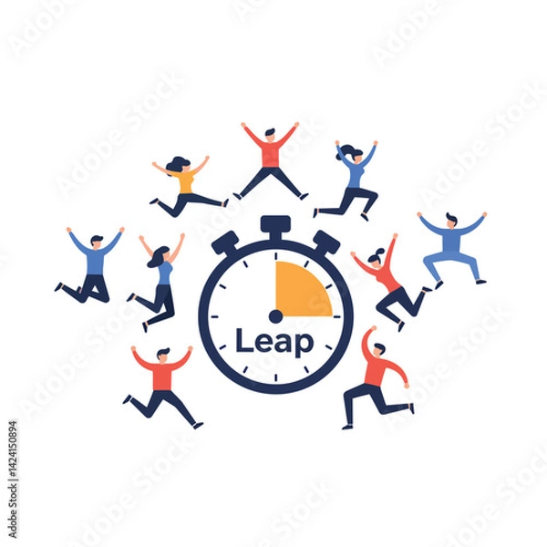 Fototapeta People jumping around stopwatch with leap text concept for time management and motivation vector illustration 