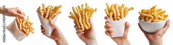 Fototapeta Set of hand holding Crinkle cut wavy potato french fries fry, white takeaway pack bag packet cone, ceremic bowl isolated on transparent cutout PNG. Mockup template for artwork design	
