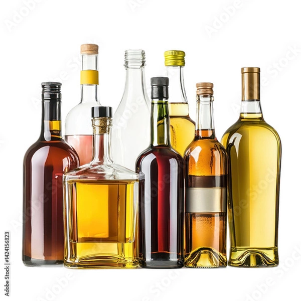 Obraz A variety of alcohol bottles in different shapes and sizes, isolated on a transparency background