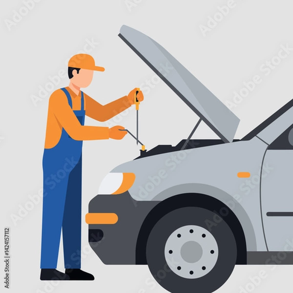 Fototapeta Mechanic Checking Dipstick in Car Engine Vector Illustration for Vehicle Maintenance 