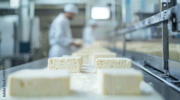 Fototapeta The production line at the dairy plant, where fresh white cheese blocks move on the conveyor. In the center of the frame, several neatly chopped pieces of cheese