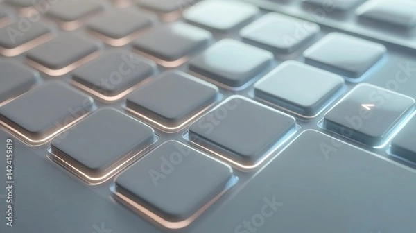 Fototapeta Close up view of a modern keyboard with square keys and soft glowing edges in a minimalist style