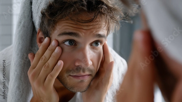 Obraz Handsome man with a towel on his head touching his face skin while looking at the mirror in the bathroom