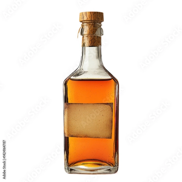Fototapeta A single liquor bottle with a label and cork, placed on a transparency background