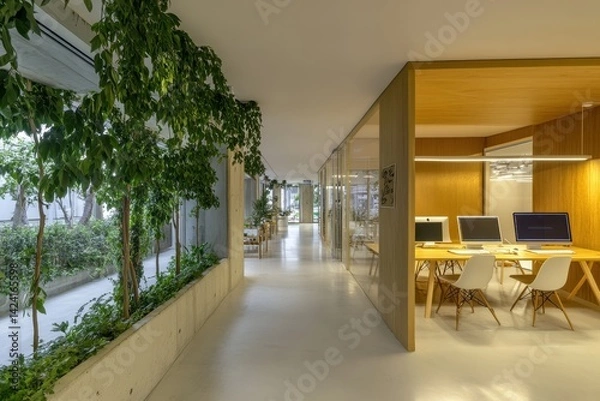 Fototapeta Modern, light-filled office space with natural elements.  Interior design featuring a corridor with enclosed workspaces,  lush greenery, and a bright, airy aesthetic