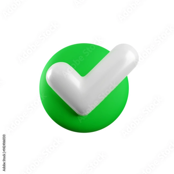 Fototapeta Vector 3d Check mark realistic icon. Trendy plastic green checkmark, select circle icon isolated on white background. Green round yes button. 3d render tick sign illustration for web, app, design