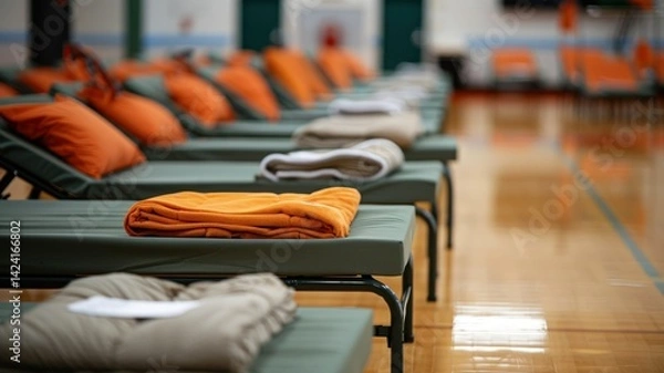 Fototapeta Rows of cots with bedding in a gymnasium style emergency shelter.