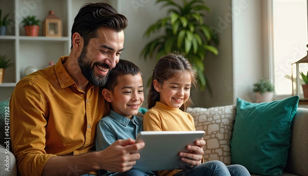 Fototapeta Happy father and children using digital tablet on sofa at home representing conscious safe technology use family bonding time concept for Fathers Day