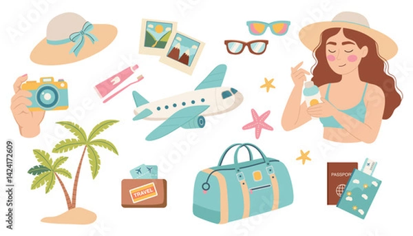 Obraz Set of summer travel icons. Colorful summer elements set. A collection of stickers depicting various beach and summer items, Vector illustration in flat cartoon style.