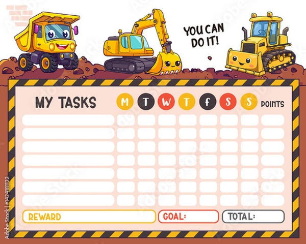 Fototapeta Construction Reward Chart for Kids | Backhoe Behavior Tracker, Excavator Reward System, Potty Training, Chore Chart