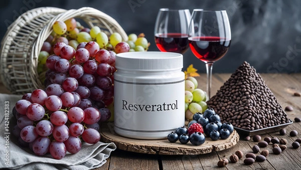 Obraz container with inscription Resveratrol,  grapes, red wine, cocoa beans, blueberries