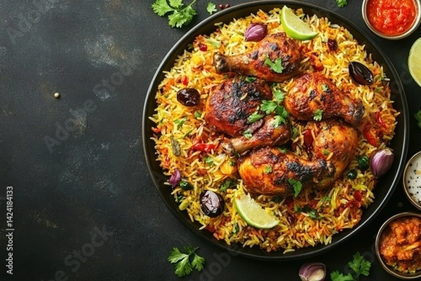 Fototapeta minimalistic design Chicken Kabsa - Homemade Arabian biryani overhead view, the extreme right third of an image, on the extreme right third of an image, space for text, hyper-detailed, Cinematic