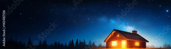 Fototapeta A charming cabin illuminated at night, surrounded by a starry sky, offering a peaceful escape into nature's beauty.